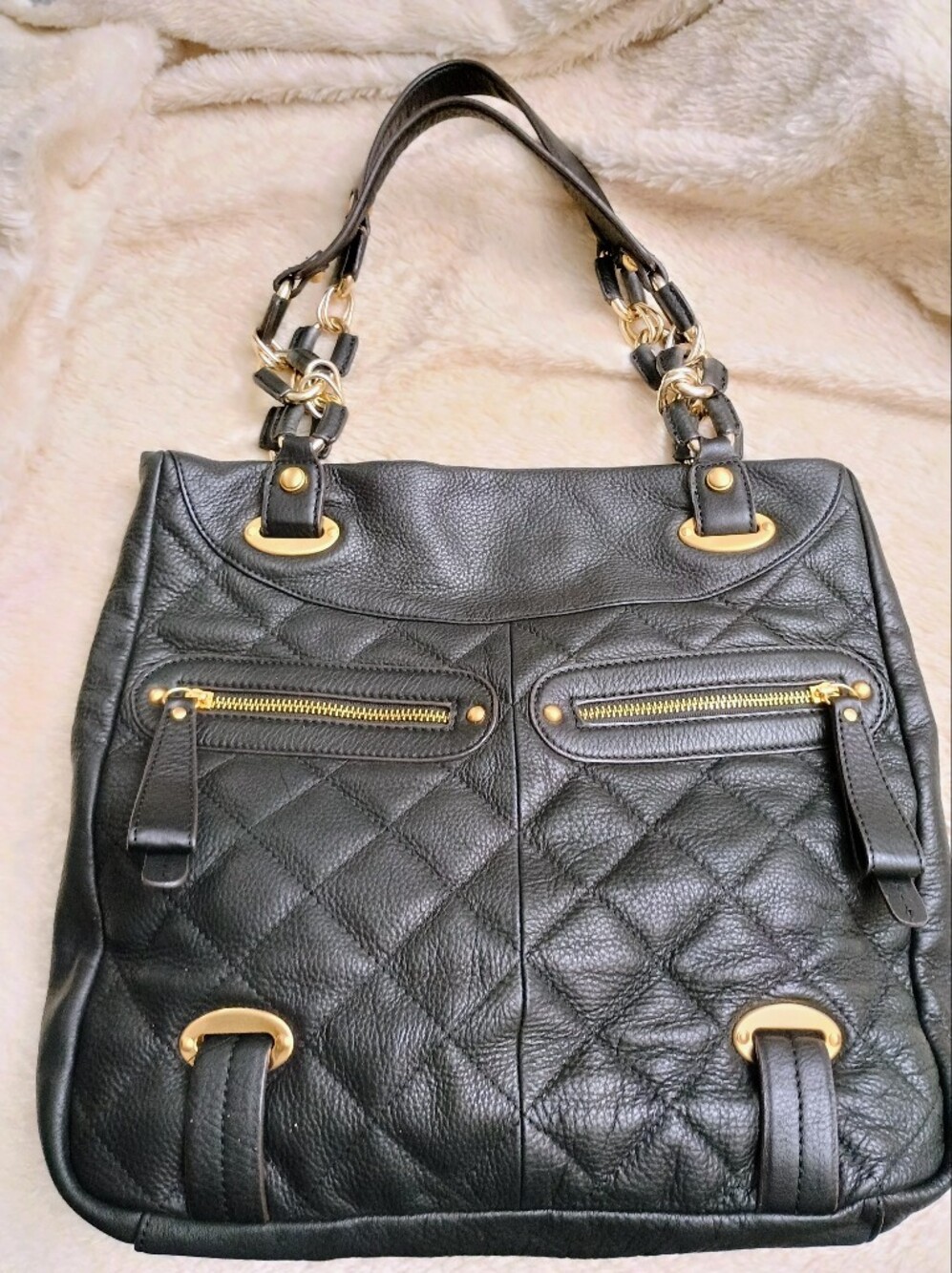 B. Makowsky Black Quilted Leather Hobo Bag Gold Chain Accent Leopard